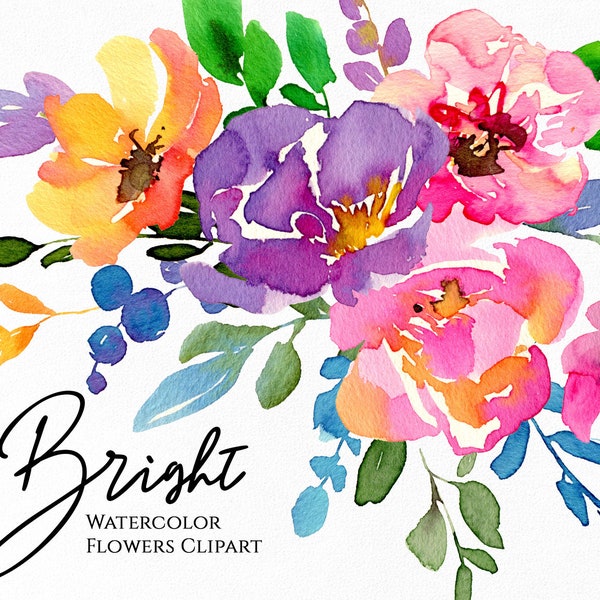 Watercolor Bright Summer Flowers Clipart Colorful Floral Clip Art Violet Pink Purple Bouquets Digital Download Free Commercial Use Png