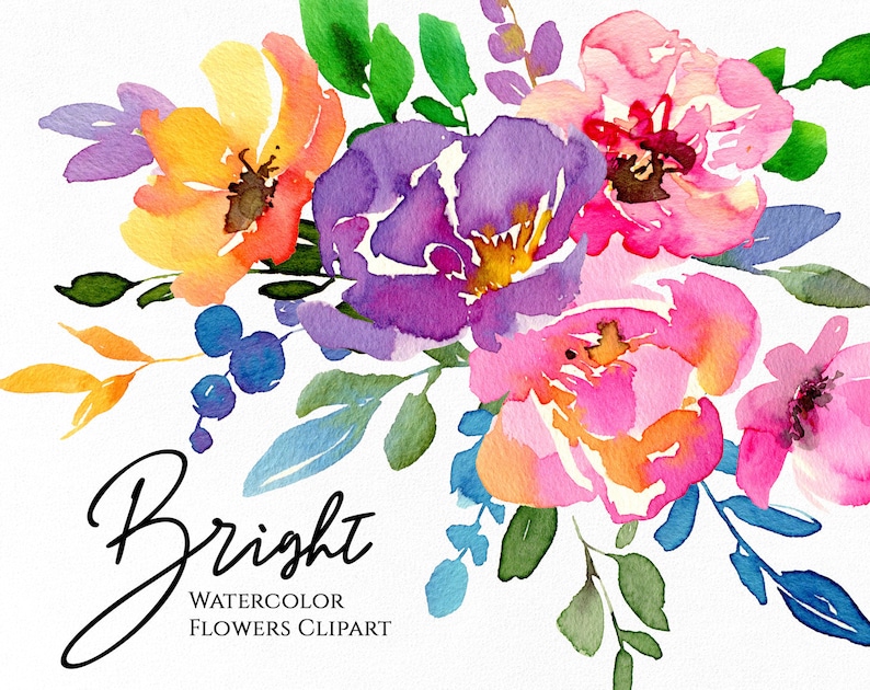 Watercolor Bright Summer Flowers Clipart Colorful Floral Clip Art Violet Pink Purple Bouquets Digital Download Free Commercial Use Png image 1