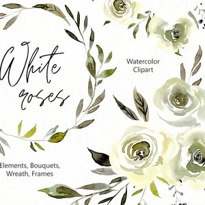 Aquarel bloemen clipart witte rozen bloemen clip art digitale download gratis commercieel gebruik aquarel bruidsboeketten krans frames PNG