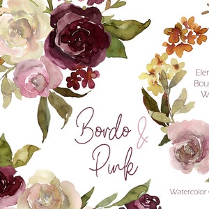 Aquarelle fleurs roses bordeaux Clipart roses Bordo Blush jaune bouquets guirlande Floral Clip Art utilisation commerciale gratuite en téléchargement numérique PNG