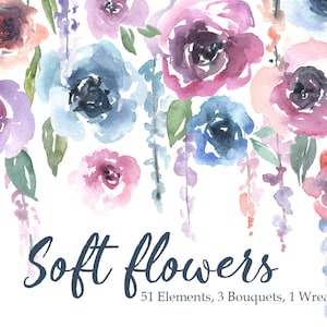 Aquarel bloemen clipart zachte bloemen clip art gratis commercieel gebruik rozen blauweregen boeketten krans bruiloft digitale download roze blauw png