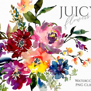 Clipart fiori luminosi dell’acquerello, clipart floreale multicolore, download digitale, bouquet da sposa giallo viola, viola, giallo, uso commerciale gratuito png