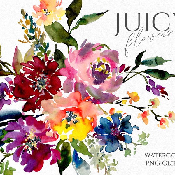 Watercolor Bright Flowers Clipart Multicolor Colorful Floral Clip Art Digital Download Purple Yellow Wedding Bouquet Free Commercial Use Png