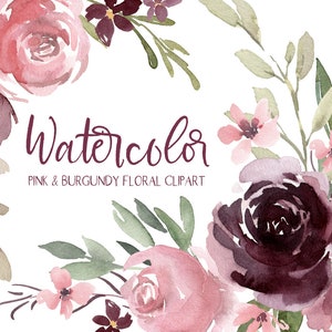 Aquarel bloemen clipart roze Blush Bourgondië Vintage retro bloemen oude digitale download boeket gratis commercieel gebruik PNG aquarelle clip art