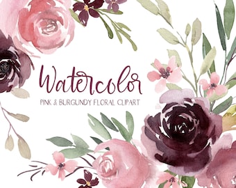 Watercolor Flowers Clipart Pink Blush Burgundy Vintage Retro Floral Old Digital Download Bouquet Free Commercial Use PNG Aquarelle Clip Art