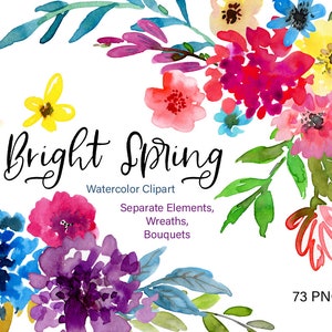 Clipart fleurs aquarelle printemps lumineux floral clip art été aquarelle couronnes de bouquets de téléchargement numérique utilisation commerciale gratuite