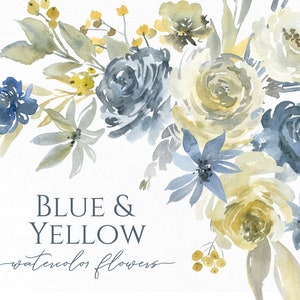 Aquarell Blumen Clipart Dusty Blau Gelb Floral Clip Art Rosen Pfingstrosen Licht Pale Hochzeit Bouquets Freie kommerzielle Nutzung Digital PNG
