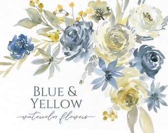 Watercolor Flowers Clipart Dusty Blue Yellow Floral Clip Art Roses Peonies Light Pale Wedding Bouquets Free Commercial Use Digital PNG