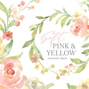 Clipart fiori ad acquerello rosa, giallo cipria, acquerello floreale, clip art, bouquet da sposa leggero, corona, download digitale gratuito per uso commerciale