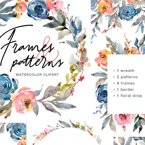 Aquarel bloemen clipart blauw roze blos bloemen clip art digitale download bruiloft frames randen patronen krans gratis commercieel gebruik png