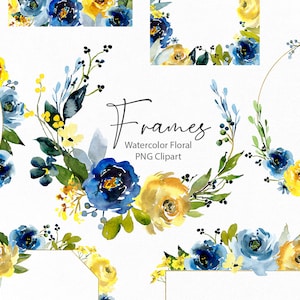 Clipart floral aquarelle cadres couronnes de fleurs bleu jaune vif bordures lignes or Clip Art téléchargement numérique gratuit usage commercial Png