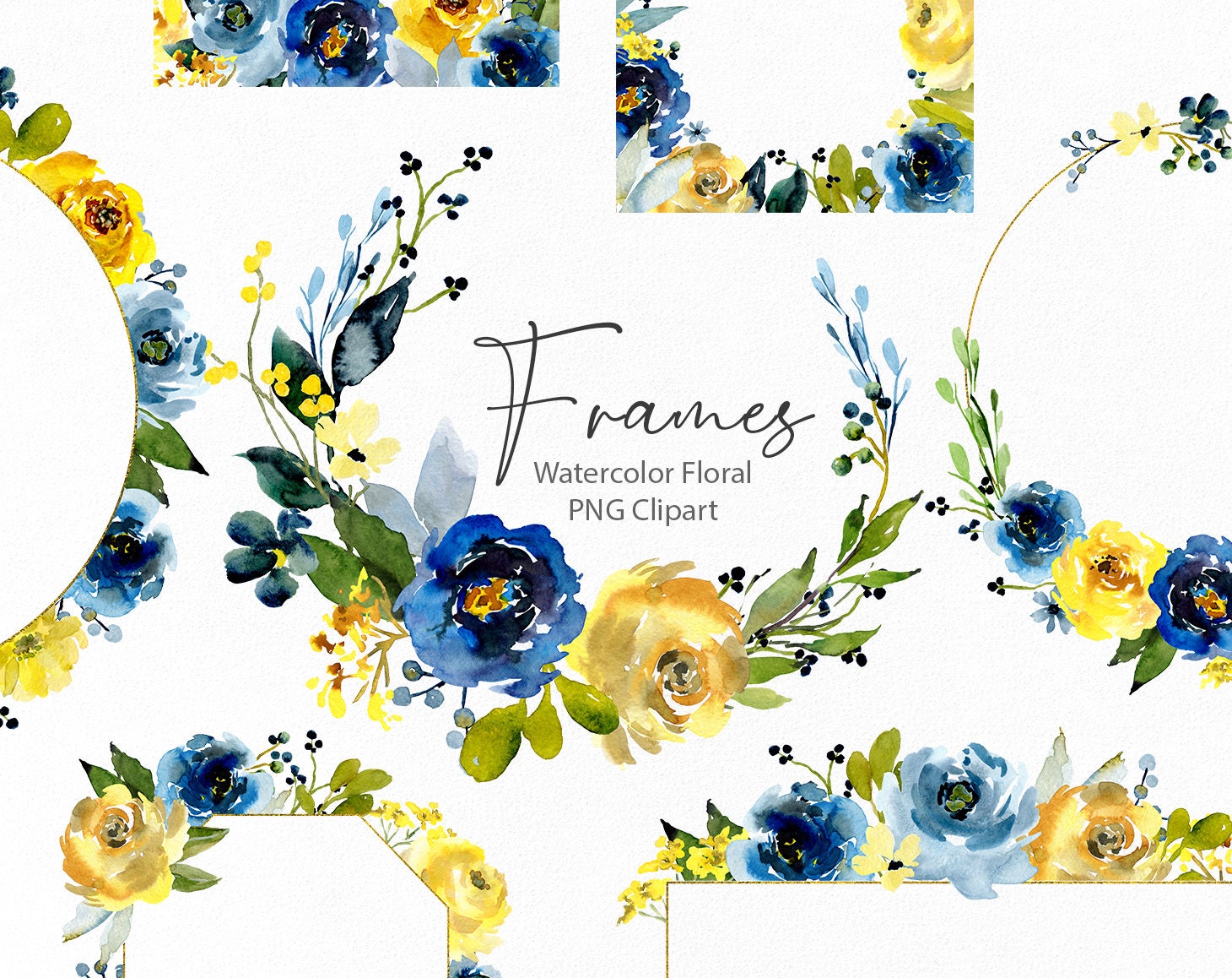 Watercolor Floral Clipart Frames Wreaths Blue Yellow Bright 