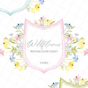 Aquarel Wildflower Crest Frame Clipart licht roze blauw groen wilde bloemen weide onkruid illustraties | Gratis digitale download voor commercieel gebruik, png