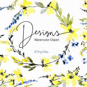 Clipart fiori giallo blu dell’acquerello, margherite, cornice, camomilla, bordo, corona, bouquet, prato, floreale, clip art, download gratuito, uso commerciale, Png