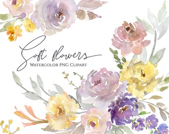 Watercolor Flowers Clipart Light Violet Yellow Flowers Clip Art Purple Mustard Rose Bouquet Wedding Free Commercial Use Digital Download Png