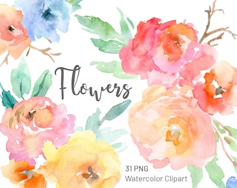 Watercolor Bright Flowers Clipart Spring Summer Floral Clip Art Roses Peonies Soft Bouquet Yellow Pink Mint Green Free Commercial Use Png