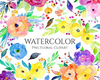 Watercolor Bright Flowers Clipart Spring Summer Colorful Rainbow Floral Clip Art Bouquet Arrangement Multicolor Free Commercial Use Png