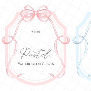 Clipart cornice con stemma rosa e blu acquerello / disegnato a mano pastello chiaro delicato matrimonio Baby Shower fiocco clip art PNG per uso commerciale gratuito