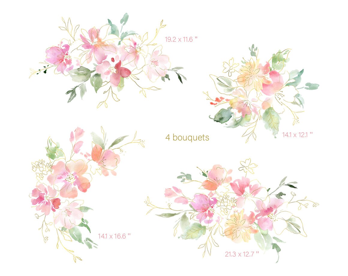 Watercolor Flower Clipart Pink Blush Gold Watercolour Clip Art - Etsy