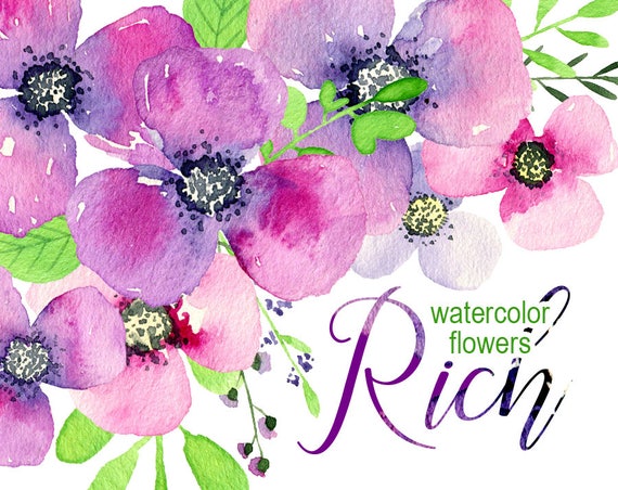 Akwarela Kwiat Clipartów 32 Fioletowy Fioletowe Kwiaty Aquarelle Cyfrowe Obiekty Clipart Bogate Akwarela Boho Kwiatowy Wolna Komercyjnego