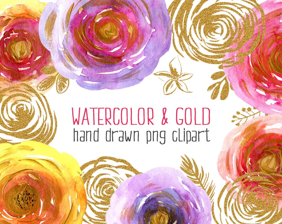 Watercolor & gold floral clipart: 20 flowers leaves ... (900 x 714 Pixel)