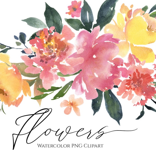 Watercolor Flowers Clipart Bright Floral Clip Art Summer Aquarelle Watercolour Wreaths Bouquet Digital Download Free Commercial Use PNG