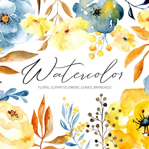 Aquarel blauw gele bloemen clipart | Digitale download gratis commercieel gebruik PNG-bloemen | Helder, levendig bleek licht ontwerp bruidsboeketten