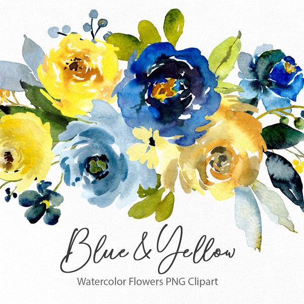 Watercolor Blue Yellow Flowers Clipart Bright Bouquet Digital Download Floral Clip Art Arrangement Navy Indigo Roses Free Commercial Use Png