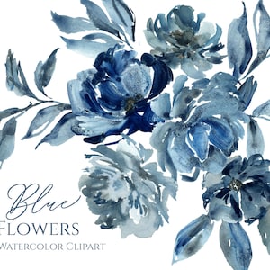Aquarel blauwe bloemen clip art boeket frame digitale download Navy Indigo pioenrozen heldere bloemen bloemen clipart gratis commercieel gebruik PNG