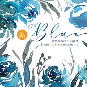 Aquarel bloemen clipart blauw turquoise bloemen clip art boeket arrangementen digitale download aquarelle Rose Peony gratis commercieel gebruik PNG