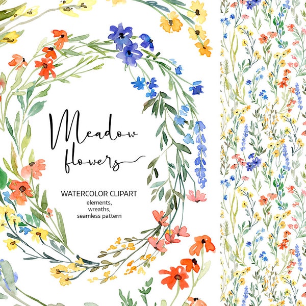 Aquarell Blumen Clipart Wildblumen Wilde Wiese Blumen Wald Land Sommer digitaler Download Grün Clip Art freie kommerzielle Nutzung PNG