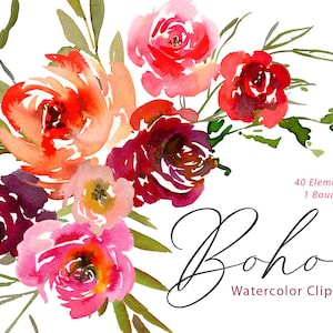Acquerello fiori Clipart rosso Borgogna rosa foglia Bouquet floreale Clip Art Download digitale Boho Bright Rose peonie uso commerciale gratuito PNG