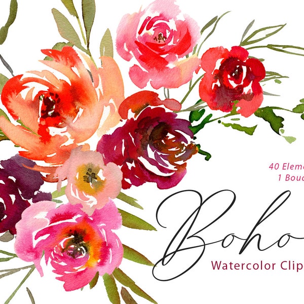 Watercolor Flowers Clipart Red Burgundy Pink Leaf Bouquet Floral Clip Art Digital Download Boho Bright Roses Peonies Free Commercial Use PNG