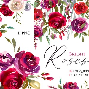 Aquarell Blumensträuße Clipart Floral Rot Rubin Violett Weiß Rosen Blumen Blätter Zweige Digitale Florale Clip Art Download kostenlos kommerzielle Nutzung