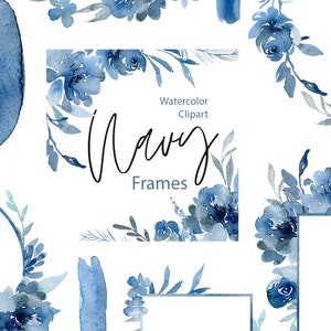Aquarel blauwe bloemen Frames Clipart Navy Indigo digitale Download Floral Clip Art bruiloft krans rozen pioenrozen vlekken gratis commercieel gebruik