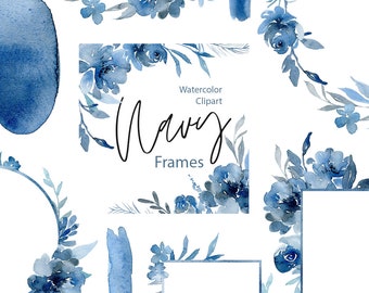 Watercolor Blue Flowers Frames Clipart Navy Indigo Digital Download Floral Clip Art Wedding Wreath Roses Peonies Spots Free Commercial Use