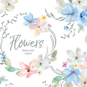 Aquarell Blumen Clipart Weiß Blau Rosa Aquarell Blumen Clip Art Kranz Strauß Nahtlose Muster Digitaler Download Kostenlose kommerzielle Nutzung
