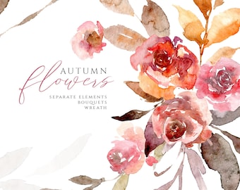 Watercolor Floral Clipart Autumn Flowers Clip Art Roses Wreath Bouquets Wedding Falling Orange Red Pink Digital Download Free Commercial Use