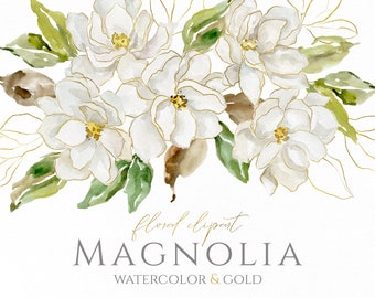 Watercolor White Magnolia Floral Clipart with Gold Lines Flowers Clip Art Golden Wedding Light Line Art Bouquet Wreath Free Commercial Use