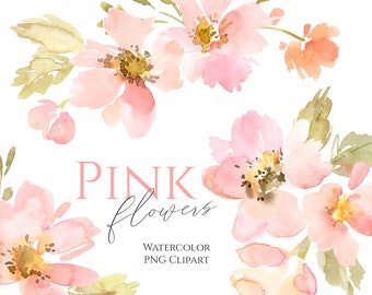 Watercolor Pink Flowers Clipart Blush Bouquet Wreath Floral Wedding Clip Art Digital Download Naive Simple Neutral Free Commercial Use Png