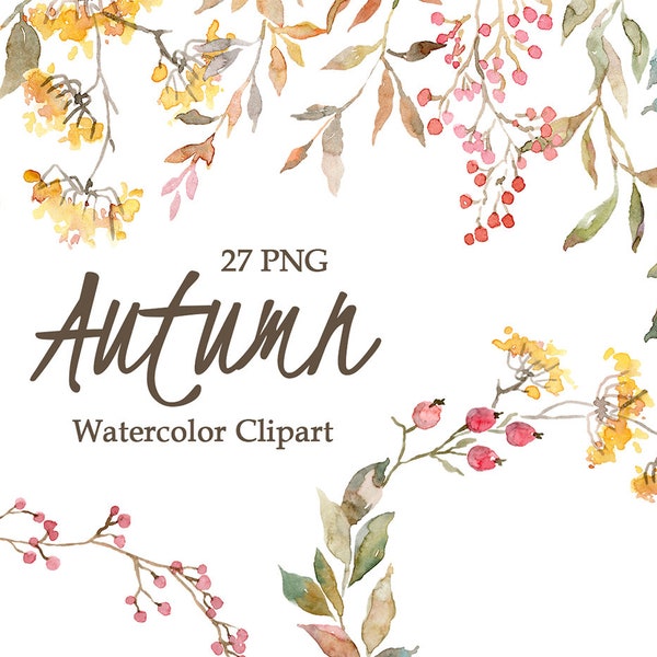 Watercolor Autumn Leaves Branches Clipart Digital Download Clip Art Frame Wreath Bouquet Wedding Falling Fall Foliage Free Commercial Use