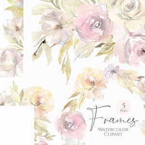 Aquarel bloemen clip art roze blozen witte frames krans digitale download stoffige bleke bloemen clipart licht potlood gratis commercieel gebruik png