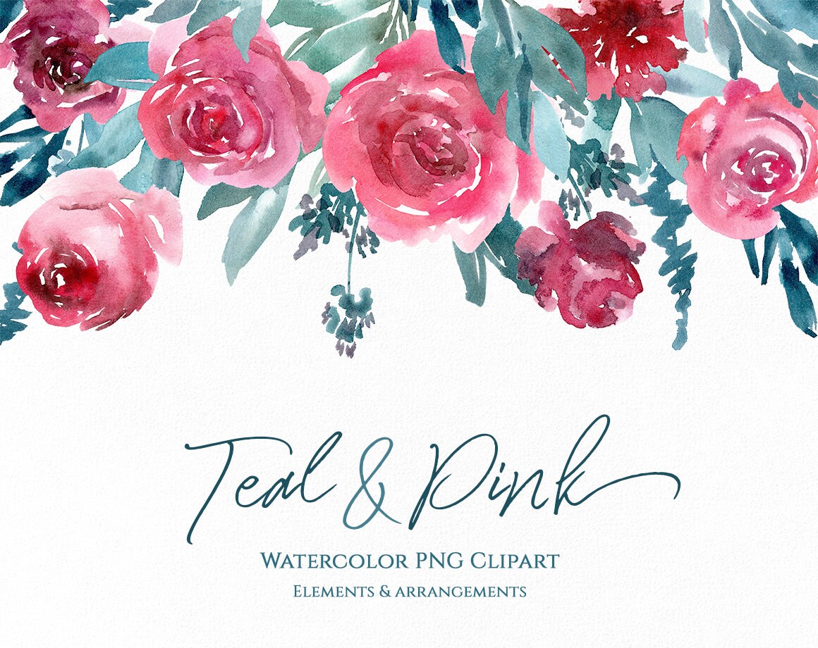 Aquarelle fleurs Clipart floral rose et turquoise en téléchargement numérique guirlande Bouquet goutte bleu turquoise Roses pourpres usage commercial gratuit