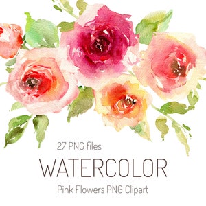 Aquarel bloemen clipart roze blos rood oranje licht rozen digitale download bloemen romantische bruiloft illustraties gratis commercieel gebruik, png