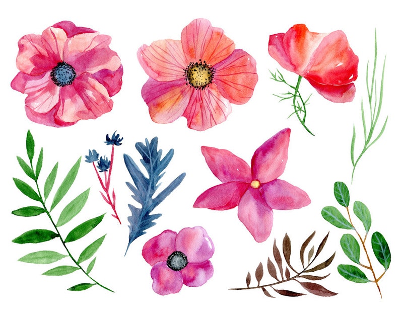 Flowers Boho Aquarelle Digital Clip Art watercolour colorful Free Commercial Use PNG Leaves Watercolor floral clipart 22 bright Branches