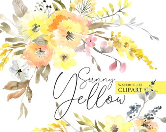 Watercolor Yellow Flowers Clipart Free Commercial Use Floral Clip Art Digital Download Bright Elements Wreath Bouquet Romantic Wedding Png