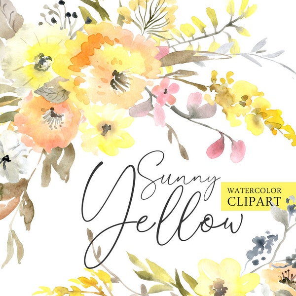 Watercolor Yellow Flowers Clipart Free Commercial Use Floral Clip Art Digital Download Bright Elements Wreath Bouquet Romantic Wedding Png