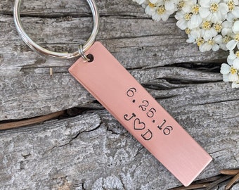 Hand Stamped Copper Anniversary Keychain: Personalized Initials & Date