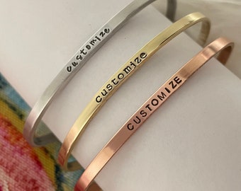 Personalized Hand Stamped Cuff Bracelet: Custom Metal Bangle