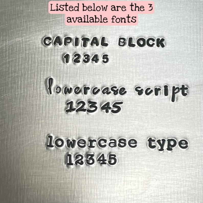 May include: A close-up of three font styles with the text "CAPITAL BLOCK 12345", "lowercase script 12345", and "lowercase type 12345".